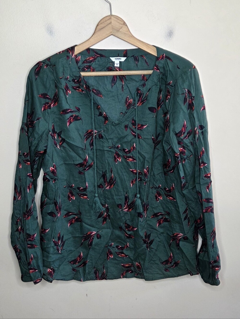 Sonoma Dark Green Floral Print V-neck Tassel Tie Cotton Long Sleeve Top Medium